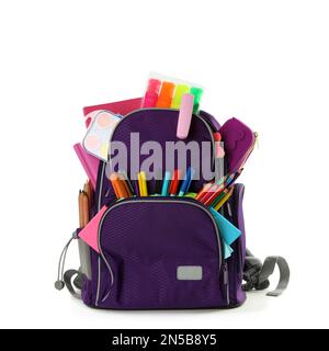 Purple backpack with different school stationery on white background Stock Photo