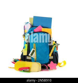 Blue backpack with different school stationery on white background Stock Photo