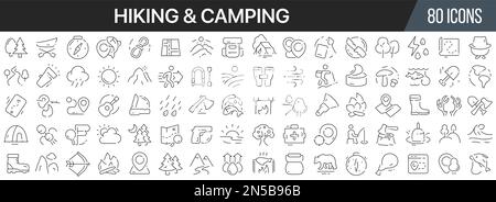 Hiking and camping line icons collection. Big UI icon set in a flat design. Thin outline icons pack. Vector illustration EPS10 Stock Vector
