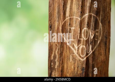 Phrase I Love You carved on tree bark outdoors Stock Photo