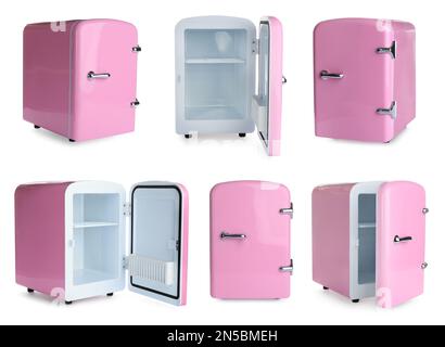 Set with mini refrigerators for cosmetics on white background Stock Photo