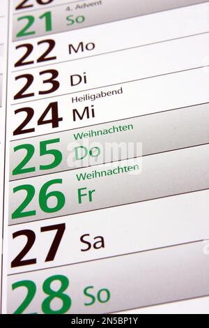 year calendar 2025 in German, Christmas Stock Photo