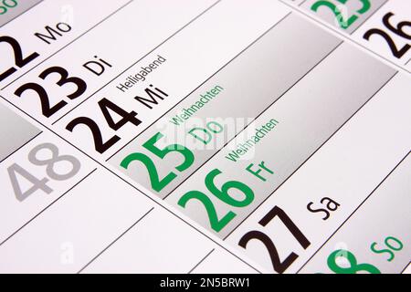 year calendar 2025 in German, Christmas Stock Photo