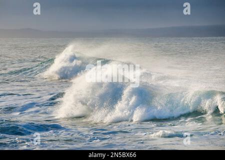 big waves in the morning light on the open sea off the coast of Isle of Skye, United Kingdom, Scotland, Isle of Skye Stock Photo