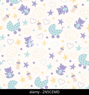 Cute baby seamless pattern for decoration, children's room, blankets, gifts, baby shower greetings. Baby toys and attributes in pastel colors Stock Vector