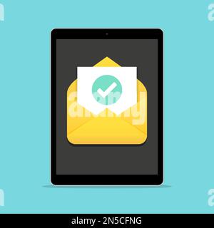 Tablet with open email message with tick in a flat design Stock Vector