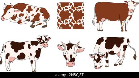Cartoon cows. Animal from milk farm, lying and standing cattle with texture of cow spots pattern vector illustration set Stock Vector