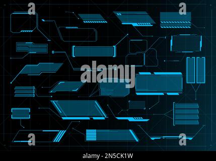 Futuristic callout title banners. Digital frame boxes, cyberpunk style description background and cyber tech HUD info screen pop-up bar vector set Stock Vector