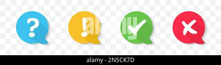 Set of tick, cross, question mark, exclamation point icons in speech bubble with shadow Stock Vector
