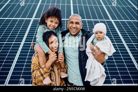 Black family, children or solar energy with parents and daughter siblings on a farm together for sustainability. Kids, love or electricity with man Stock Photo