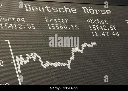 Frankfurt Am Main, Deutschland. 09th Feb, 2023. View of the trading floor of the Frankfurt Stock Exchange, share prices, screens, DAX, Tecdax, broker, stock dealer, Dax curve, general, feature, edge motif, symbolic photo Press conference of the Deutsche Boerse AG in Frankfurt on February 8th, 20123. Credit: dpa/Alamy Live News Stock Photo