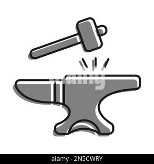 Linear filled with gray color icon, Hammer Hits The Anvil. Blacksmith Craft, Production Of Metal Products. Simple black and white vector Isolated On w Stock Vector