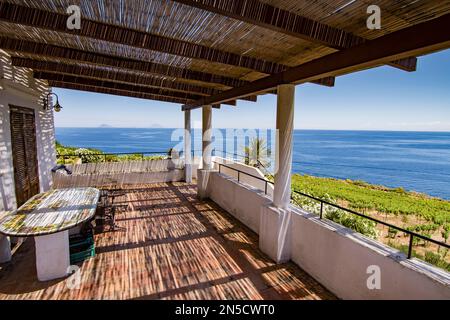Aeolian style patio with panoramic sea view, Vulcano Stock Photo