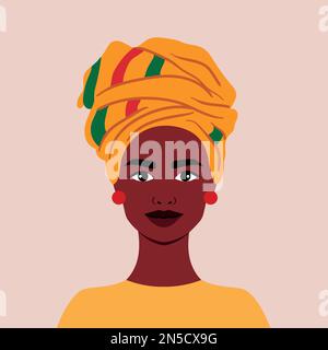 Beautiful African girl in traditional headdress. Full face portrait in flat style. Avatar. Female. Diversity. Black history month Stock Vector