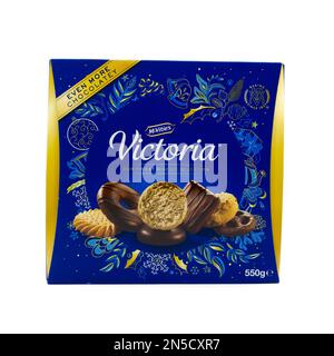 Irvine, Scotland, UK - February  02, 2023: McVitie’s branded 550g Victoria biscuit selection in a festive themed cardboard box displaying graphics and Stock Photo