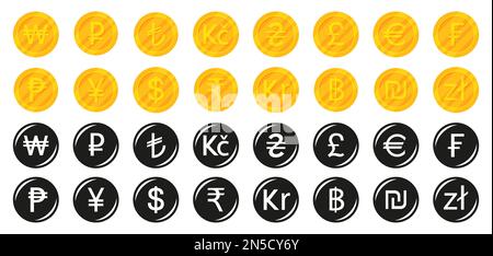 Money golden coin collection in different currency in a flat design Stock Vector