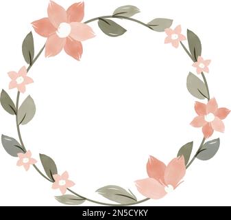 Watercolor hand painted frame with pink flowers, little green leaves and branches on transparent background. Frame for wedding invitations, save the Stock Vector