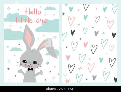 Hello little one greeting card with two sides. For baby shower and congratulations on the birth of a baby. Handwriting. Cute bunny with clouds and sta Stock Vector