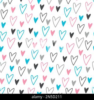 Simple seamless pattern with pink, blue and gray hand drawn hearts on white background. For children's room, wallpaper, textile, gift paper, notebook Stock Vector