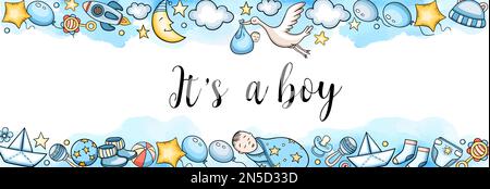 Greeting card It's a boy with cute baby accessory on a blue watercolor background. Baby shower horizontal banner. Stock Photo