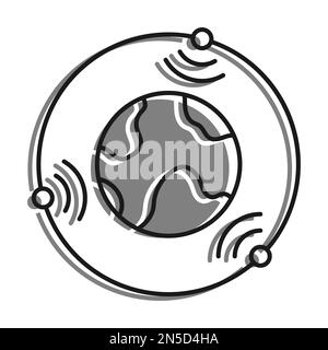 Linear filled with gray color icon. Satellites Fly In Orbit Around Planet Earth And Transmit Communication Signal. Satellite Communication And Gps Nav Stock Vector