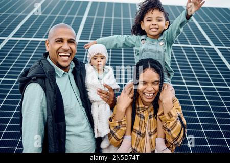 Black family, children or solar panel with parents and daughter siblings on a farm together for sustainability. Kids, love or electricity with man and Stock Photo