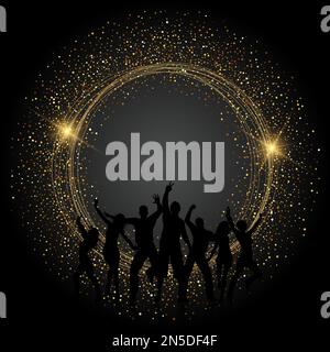 Silhouettes of people dancing on a glittery gold background Stock Vector