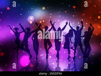 Silhouettes of party people dancing on a bokeh lights background Stock Vector