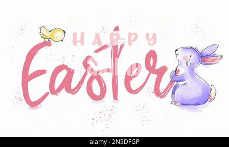 Vector Happy Easter watercolor and ink vintage illustration with cute bunny and chick for greeting on print card and web banner Stock Vector