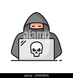 Hacker in mask using laptop with skull planning attack. Vector coding, data encryption, programming hacking man theft programmer Stock Vector