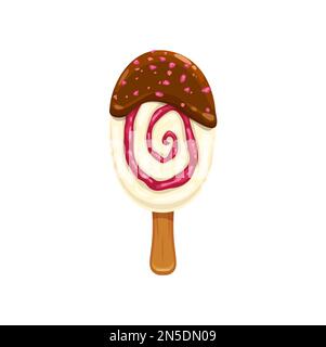 Cartoon eskimo ice cream, isolated vector popsicle bar, sweet creamy dessert. Icecream on stick with chocolate glaze, jam vortex and nuts sprinkles. S Stock Vector