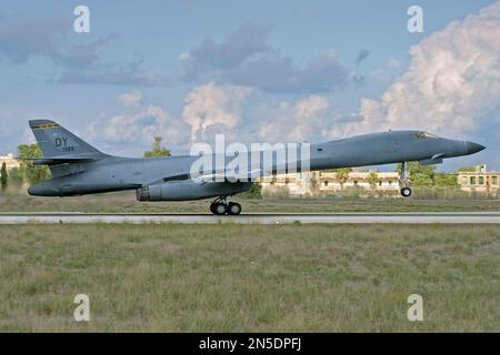 US Air Force Rockwell B-1B Lancer 86-0133 departing Malta runway 14. Stock Photo