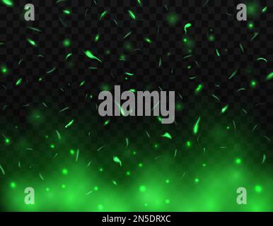 Green fire sparks, realistic 3d vector overlay effect. Burning flame with flying particles on black background. Abstract firestorm, burning campfire, Stock Vector