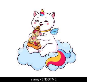 Cartoon cute caticorn character eating pizza. Vector white winged unicorn cat enjoy fast food sitting on cloud. Funny magic kitten with colorful tail Stock Vector