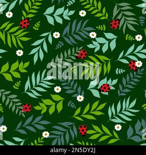 Cartoon ladybug with green leaves seamless pattern. Modern summer design of the cover, packaging, stationery. Stock Vector