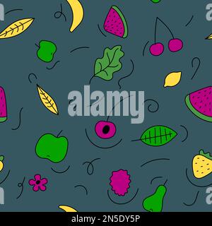 Seamless pattern with hand drawn fruits and abstract lines on dark background in doodle style. Stock Vector