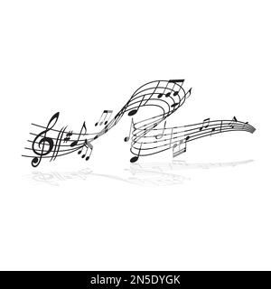 Musical wave flow. Audio record, music swirl background, orchestra notes vintage vector backdrop. Classic symphony harmony wave with notes, music staf Stock Vector