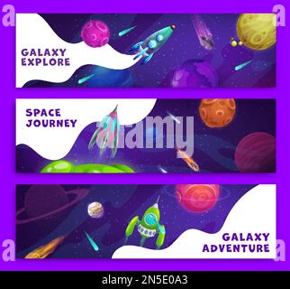 Cartoon space banners, vector horizontal cards with rockets in starry galaxy landscape with planets. Spaceships in interstellar expedition adventure, Stock Vector