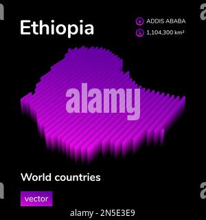 Ethiopia 3D map. Stylized isometric striped vector map in violet colors on black background. Educational banner Stock Vector