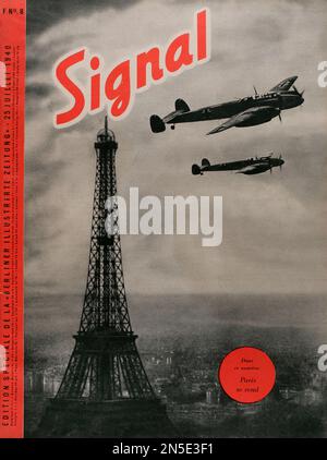 History of Germany. 'Signal' magazine. Cover of issue number 8 (25 July 1940) of the French edition (F), with a photo of Luftwaffe planes flying over Paris. Paris surrenders. This magazine was published between April 1940 and April 1945 and was the main propaganda organ of the German army during World War II. Stock Photo