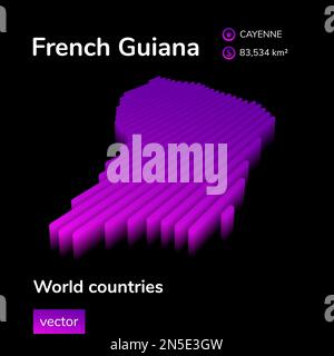 French Guiana 3D map. Stylized neon simple digital isometric striped vector Map is in violet colors on black background. Educational banner Stock Vector