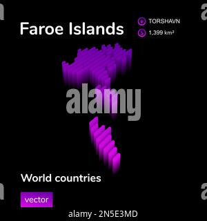 3D Map of Faroe Islands. Stylized neon digital isometric striped vector map in violet and pink colors on the black background Stock Vector