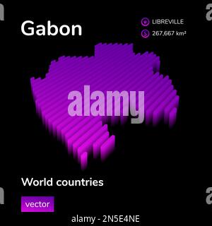 3d map of Gabon. Stylized striped vector isometric map is in neon violet colors on black background. Educational banner Stock Vector