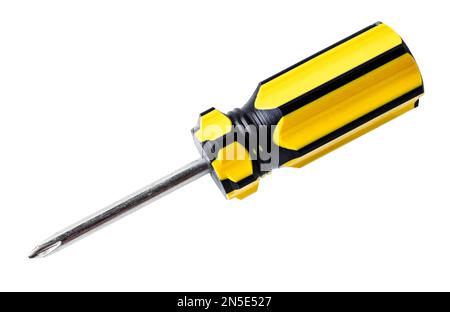 Screwdriver with plastic and rubber handle and chrome-vanadium Phillips blade, Saved clipping path. Stock Photo