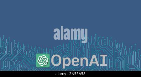 OpenAI logo on geometric CPU blue background, copy space. 3d rendering illustration concept, Istanbul, Turkey, 02.09.2023. Stock Photo