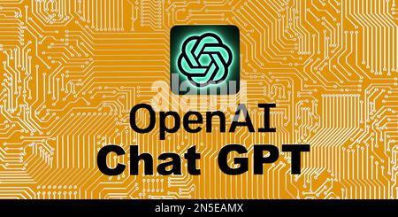 OpenAI logo ChatGPT text on geometric CPU yellow background, copy space. Artificial ıntelligence chatbot software developer. 3d rendering illustration Stock Photo