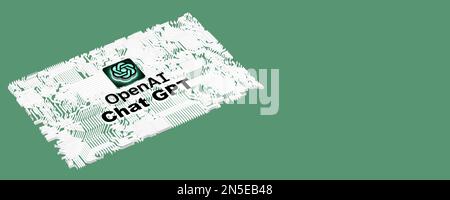 OpenAI logo ChatGPT text on geometric CPU green background, copy space. 3d rendering illustration concept, Istanbul, Turkey, 02.09.2023. Stock Photo