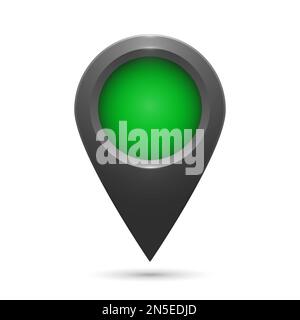 Realistic geolocation map pin code icon. The GPS geolocation tag icon is gray with highlights and a green insert on a white background. Stock Vector