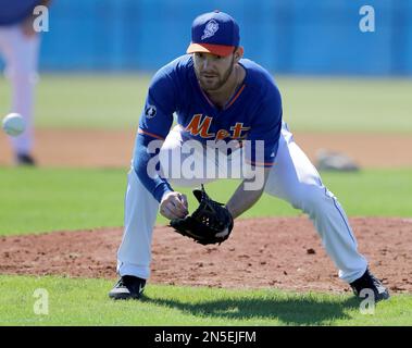 New York Mets pitcher Vic Black wears a patch on his uniform in honor of  broadcaster Ralph Kiner during spring training baseball practice Monday,  Feb. 17, 2014, in Port St. Lucie, Fla.