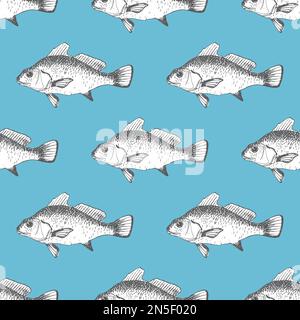 Vector seamless pattern with fishes on blue background Stock Vector